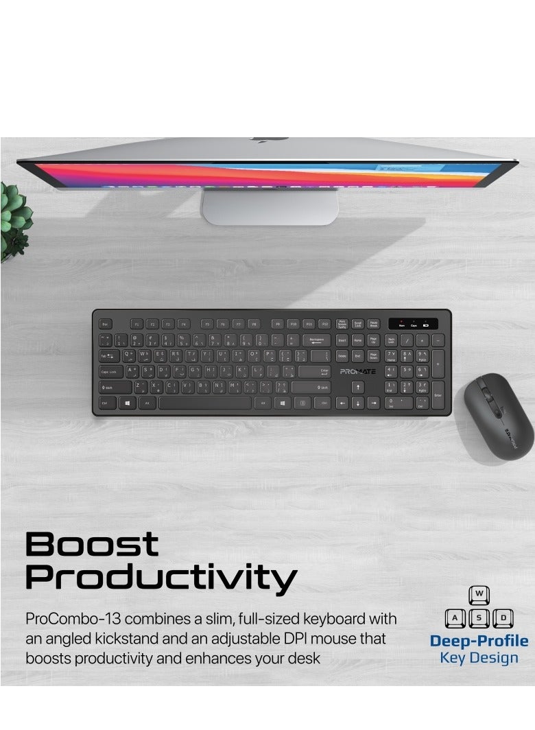 Wireless English/Arabic Keyboard and Mouse Combo, Slim Full-Size 2.4Ghz With 1600 DPI Ambidextrous, Nano USB Receiver, Quiet Keys, Angled Kickstand for iMac, MacBook Air, ASUS, ProCombo-13 Black