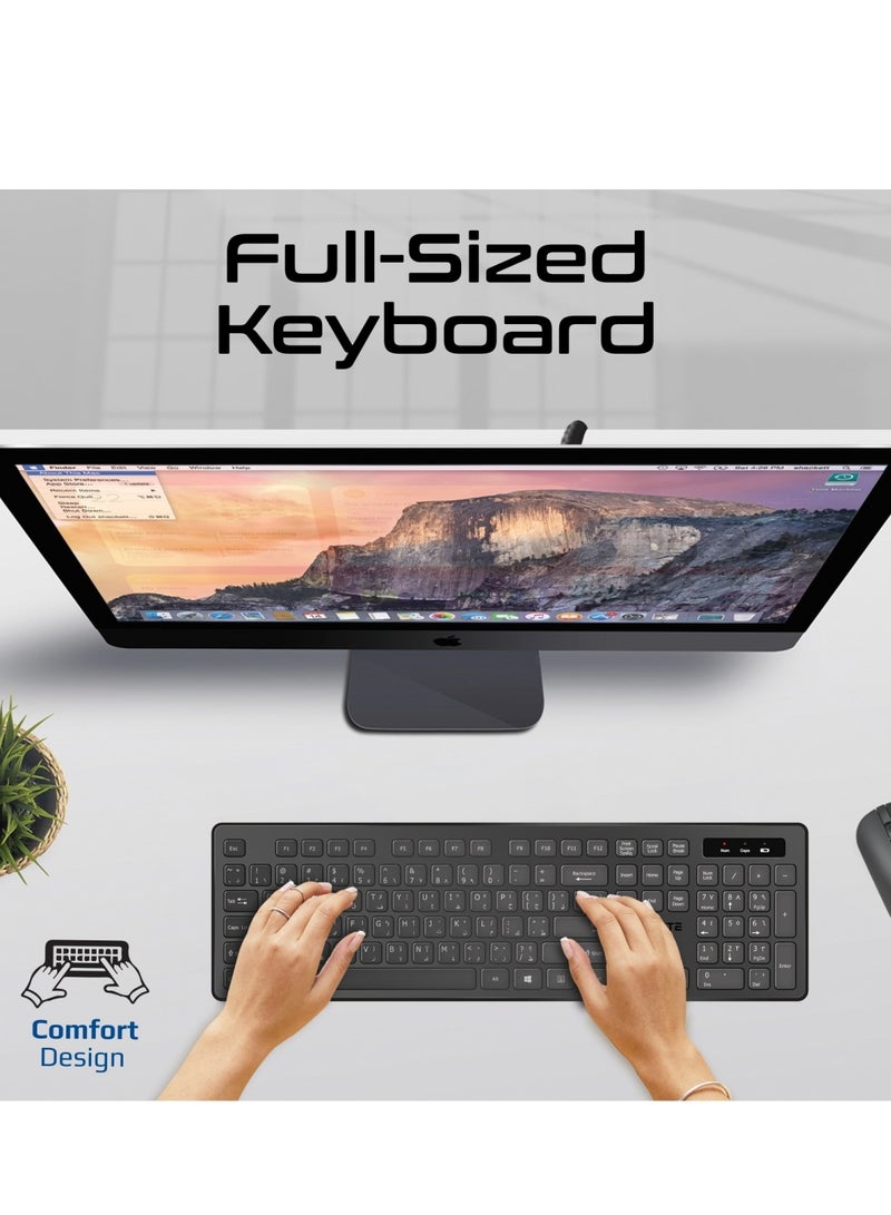 Wireless English/Arabic Keyboard and Mouse Combo, Slim Full-Size 2.4Ghz With 1600 DPI Ambidextrous, Nano USB Receiver, Quiet Keys, Angled Kickstand for iMac, MacBook Air, ASUS, ProCombo-13 Black