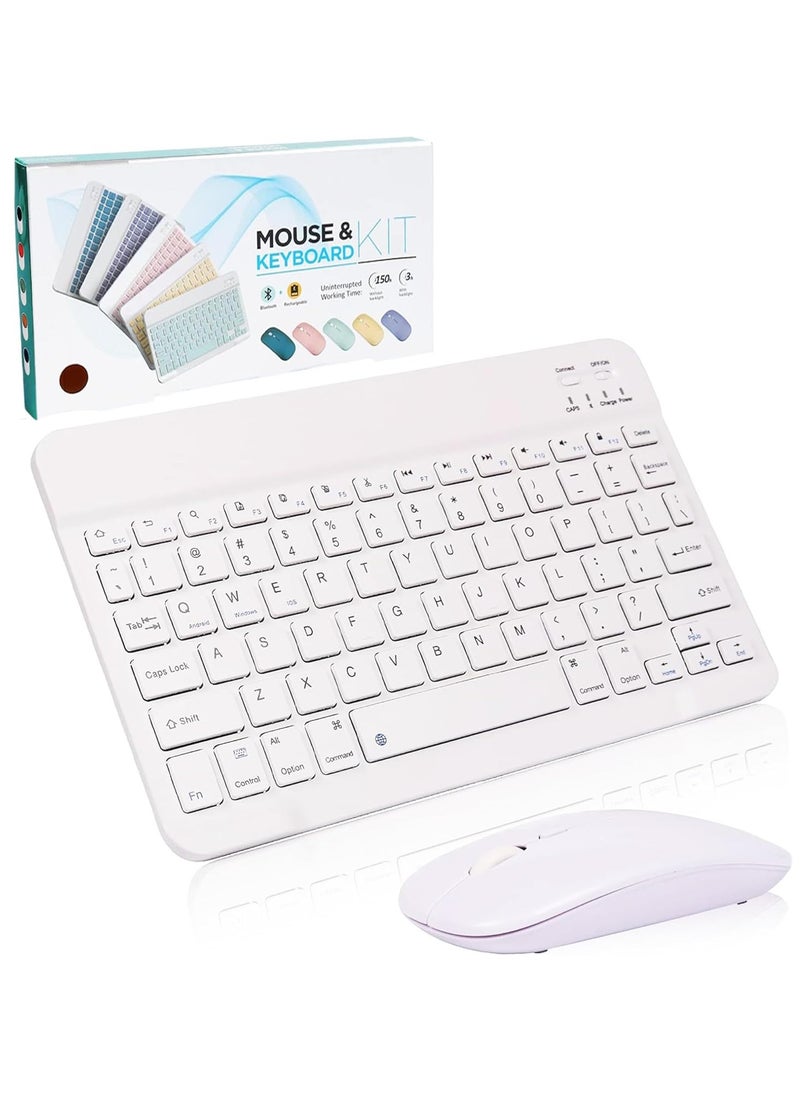 Arabic & English Bluetooth Keyboard and Mouse Combo, Ultra Slim Rechargeable Portable Wireless Keyboard Mouse Set Compact for Android Windows Tablet iPad Computer Desktop PC Laptop (White)