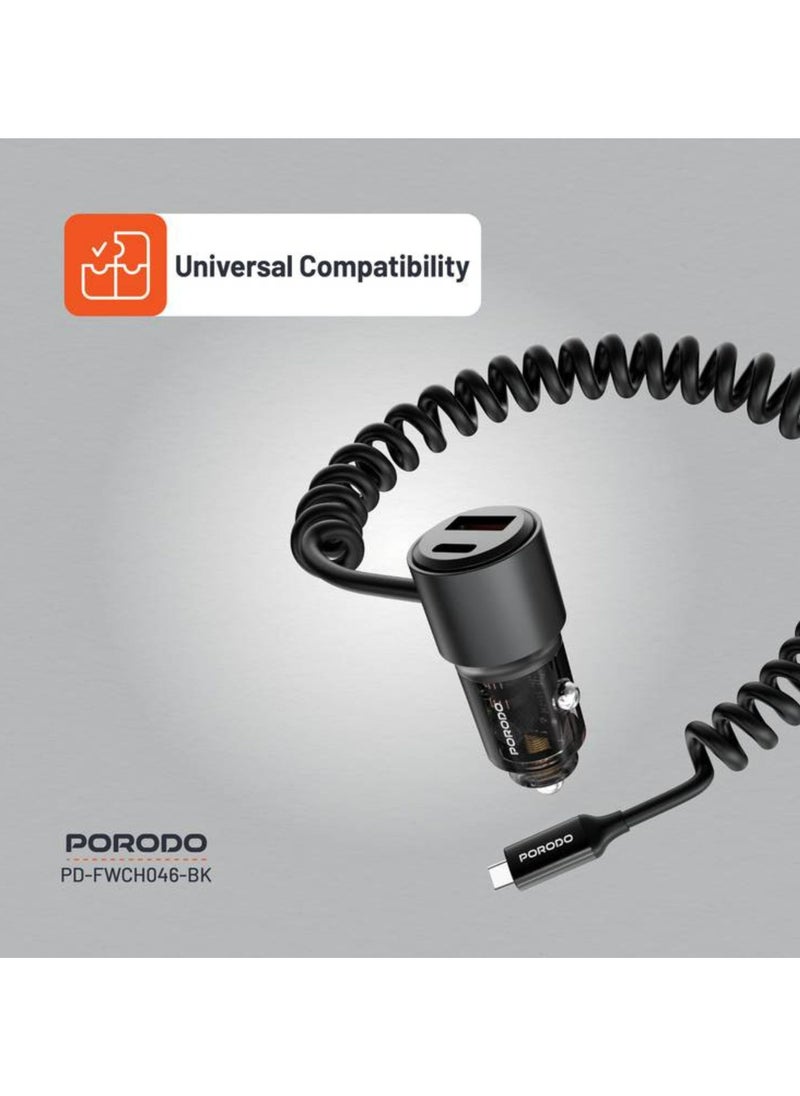 110W Car Charger, USB-A+C Ports, 12-24V Input, 1.5m Spring Coiled Cable, Integrated USB-C Cable - Black