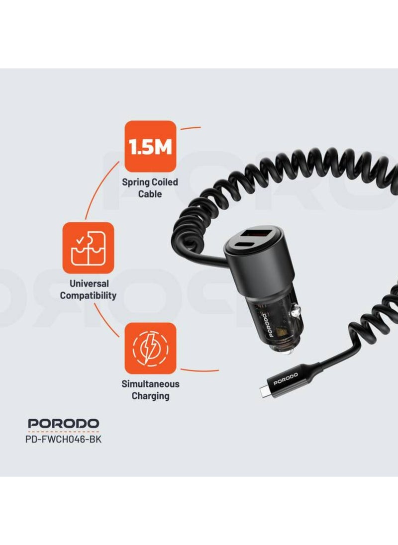 110W Car Charger, USB-A+C Ports, 12-24V Input, 1.5m Spring Coiled Cable, Integrated USB-C Cable - Black