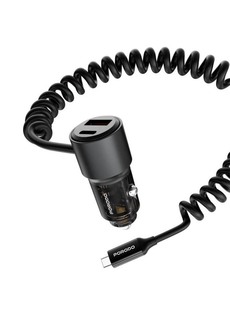 110W Car Charger, USB-A+C Ports, 12-24V Input, 1.5m Spring Coiled Cable, Integrated USB-C Cable - Black