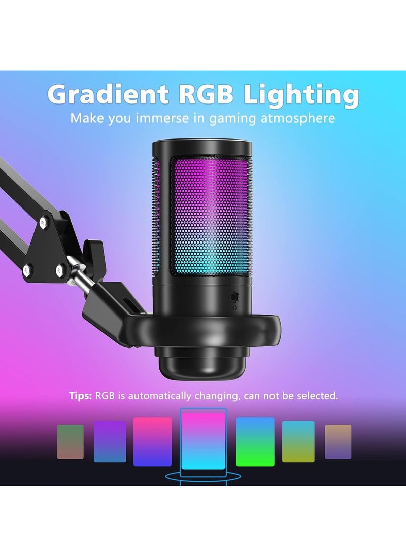 RGB Gaming Microphone with Extendable Arm for PC/PS5 with Volume Controlling, Pop Filter, Gaming Mic with Quick Mute, Condenser Podcast Microphone for Streaming Twitch/Discord/YouTube - Black