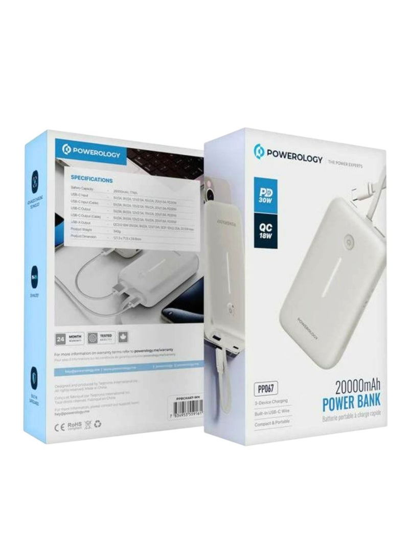 20000mAh Power Bank with Detachable USB-C Wire, 30W Power Delivery, 3-Device Charging, Long Time Standby, Universal Phone Compatibility, Built-in Safeguards - White