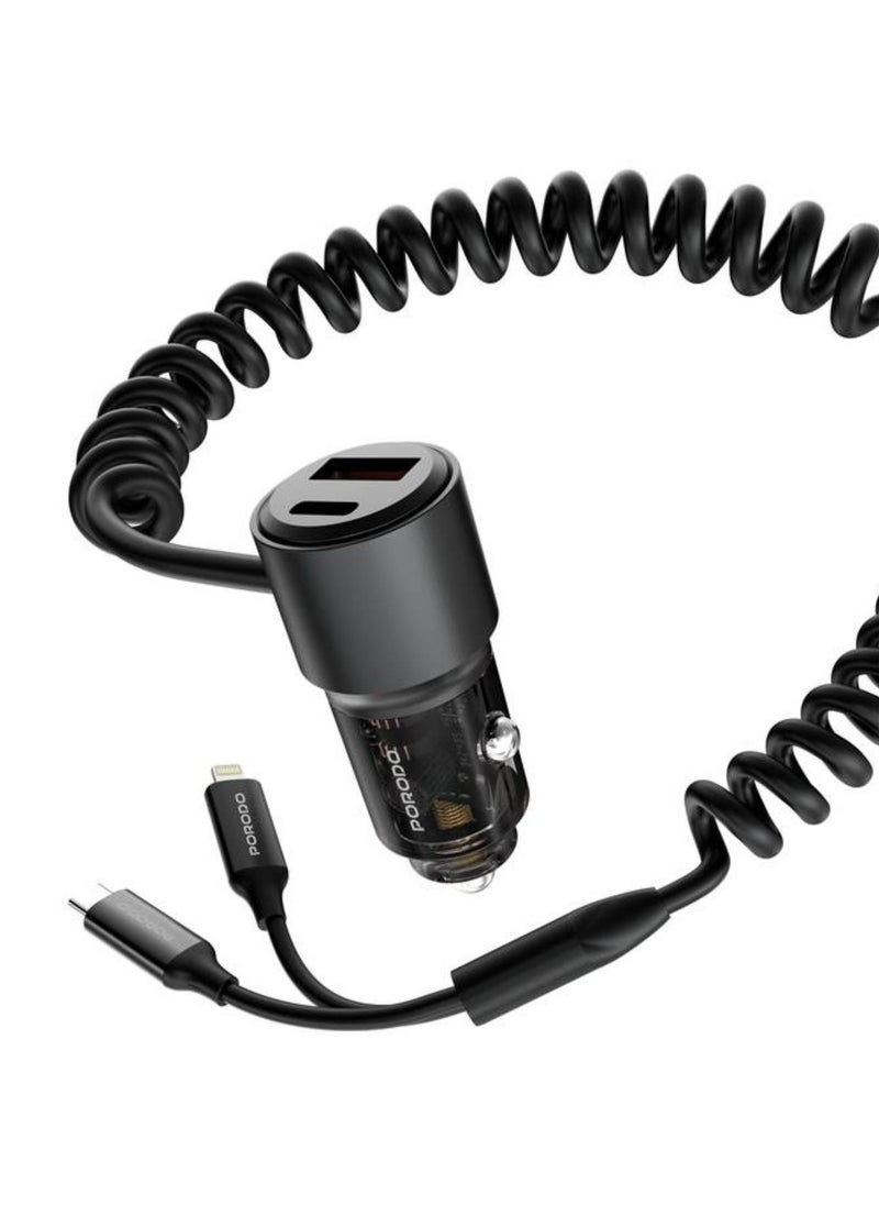 95W Car Charger, USB-A & C Ports, 12-24V Input, 1.5m Spring Coiled Cable, Integrated Coiled Type-C and Lightning + cables - Black