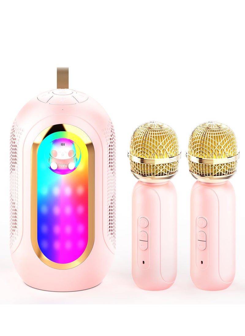 SYOSI Mini Karaoke Machine, Portable Bluetooth Speaker with 2 Wireless Mics and Colorful Lights, Portable BT Speaker Rechargeable for Girls Boys Birthday Party