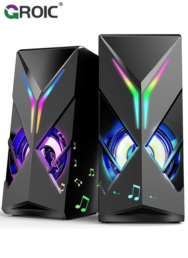 Computer Speakers, Desktop Speakers with Various Colorful LED, 10W Gaming Speakers with Volume Control, RGB Computer Speakers for Monitor/Laptop, 3.5mm Aux Input