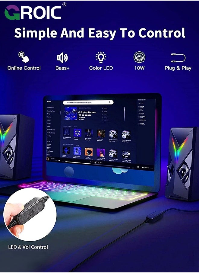 Computer Speakers, Desktop Speakers with Various Colorful LED, 10W Gaming Speakers with Volume Control, RGB Computer Speakers for Monitor/Laptop, 3.5mm Aux Input