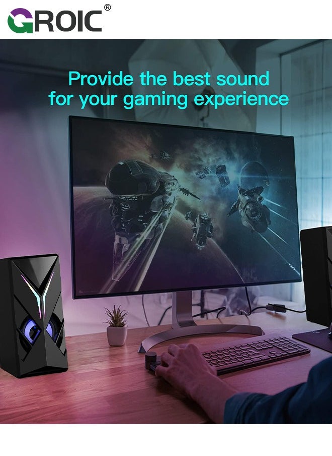 Computer Speakers, Desktop Speakers with Various Colorful LED, 10W Gaming Speakers with Volume Control, RGB Computer Speakers for Monitor/Laptop, 3.5mm Aux Input