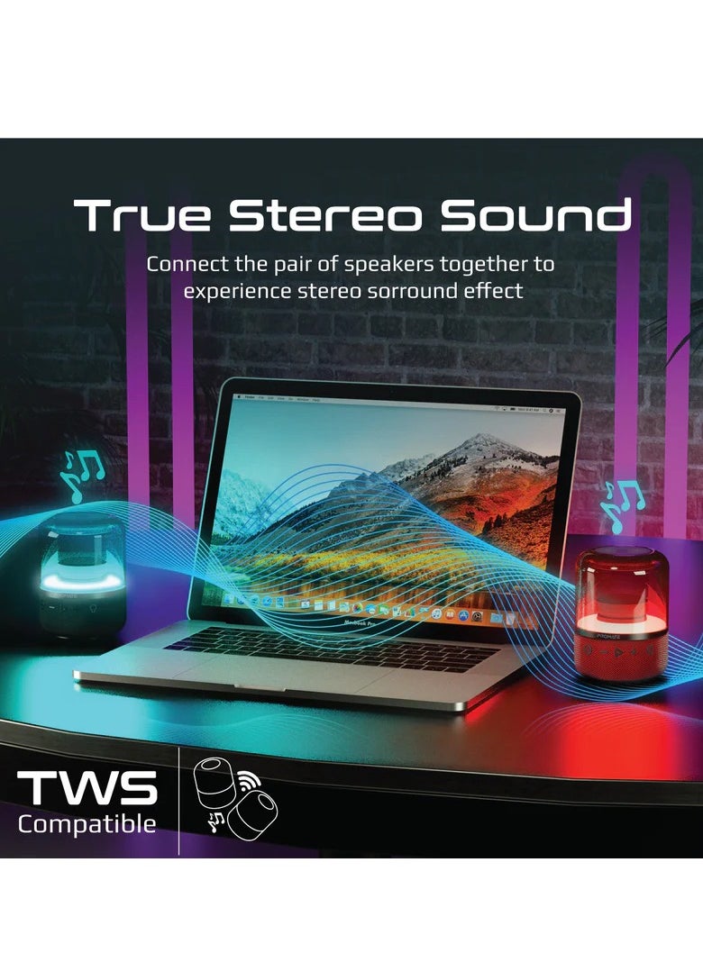 Promate Bluetooth Speaker with TWS, 360 HD Surround Sound, LED Show and Multiple Connectivity Options, Glitz Red