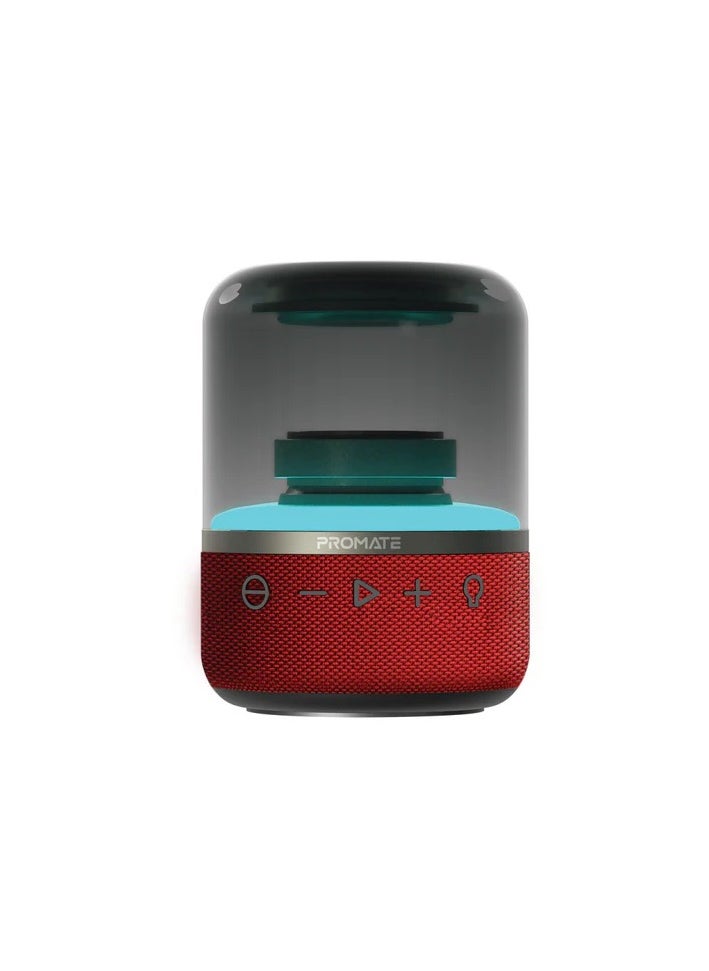 Promate Bluetooth Speaker with TWS, 360 HD Surround Sound, LED Show and Multiple Connectivity Options, Glitz Red