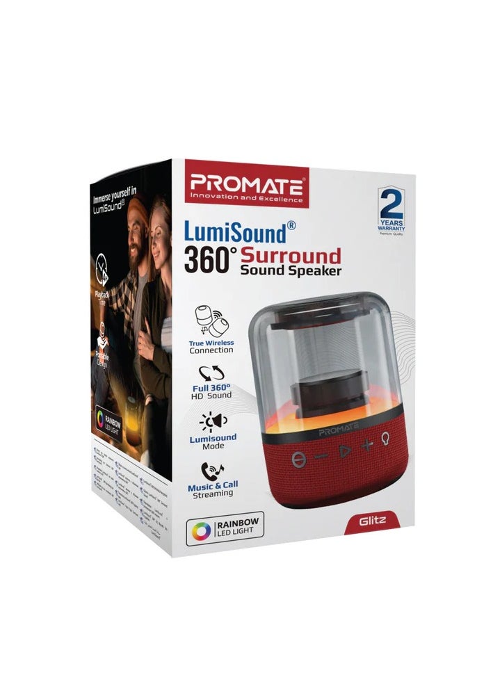 Promate Bluetooth Speaker with TWS, 360 HD Surround Sound, LED Show and Multiple Connectivity Options, Glitz Red