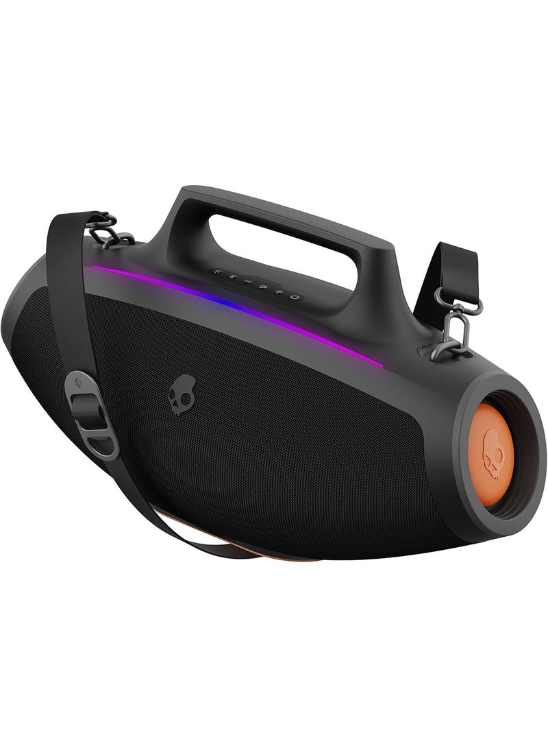 Barrel Bluetooth Boombox Speaker – Water-Resistant Wireless Portable Speaker, with LED Lightshow Mode, 12 Hour Battery, Multi-Link, & USB-C & USB-A Output Charging Black