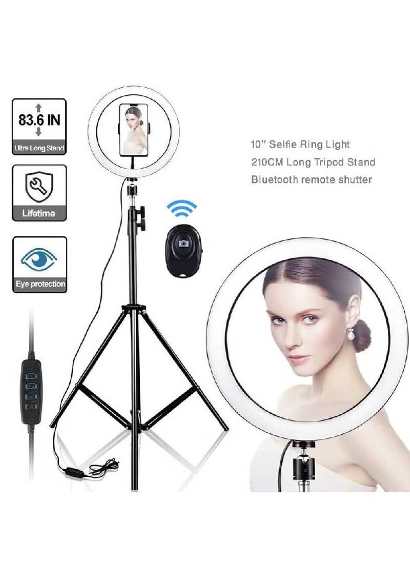 10 Inch Selfie Ring Light with 210CM Tripod & Cell Phone Holder & Bluetooth Remote Shutter for Live Stream, YouTube Video, Makeup