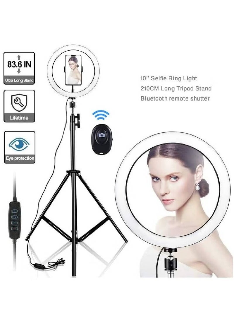 10 Inch Selfie Ring Light with 210CM Tripod & Cell Phone Holder & Bluetooth Remote Shutter for Live Stream, YouTube Video, Makeup