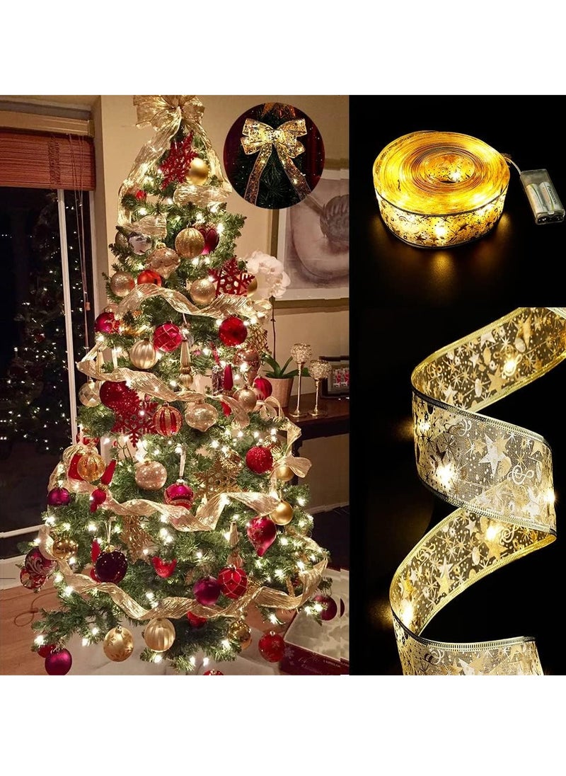 Christmas Tree Decorations String Lights 32ft 100 LED Lights Copper Wire Ribbon Bows Lights for Party Weddings Holiday Christmas Tree Decorations Gold Warm Light Battery Powered