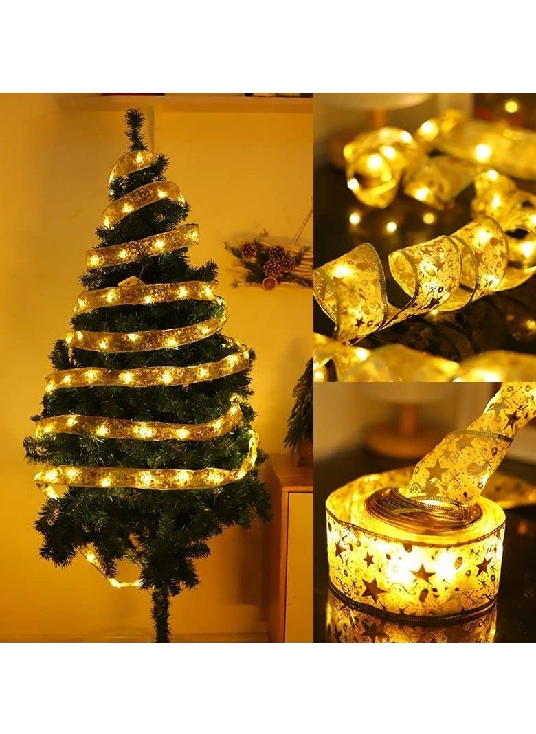 Christmas Tree Decorations String Lights 32ft 100 LED Lights Copper Wire Ribbon Bows Lights for Party Weddings Holiday Christmas Tree Decorations Gold Warm Light Battery Powered