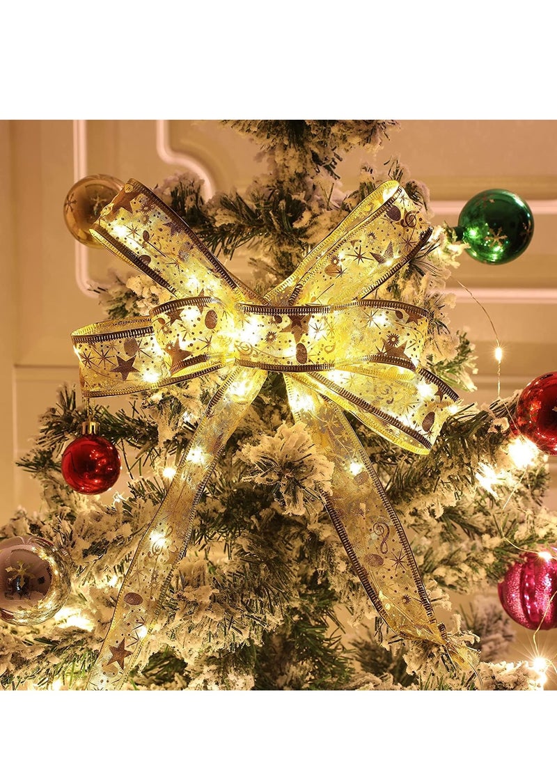 Christmas Tree Decorations String Lights 32ft 100 LED Lights Copper Wire Ribbon Bows Lights for Party Weddings Holiday Christmas Tree Decorations Gold Warm Light Battery Powered