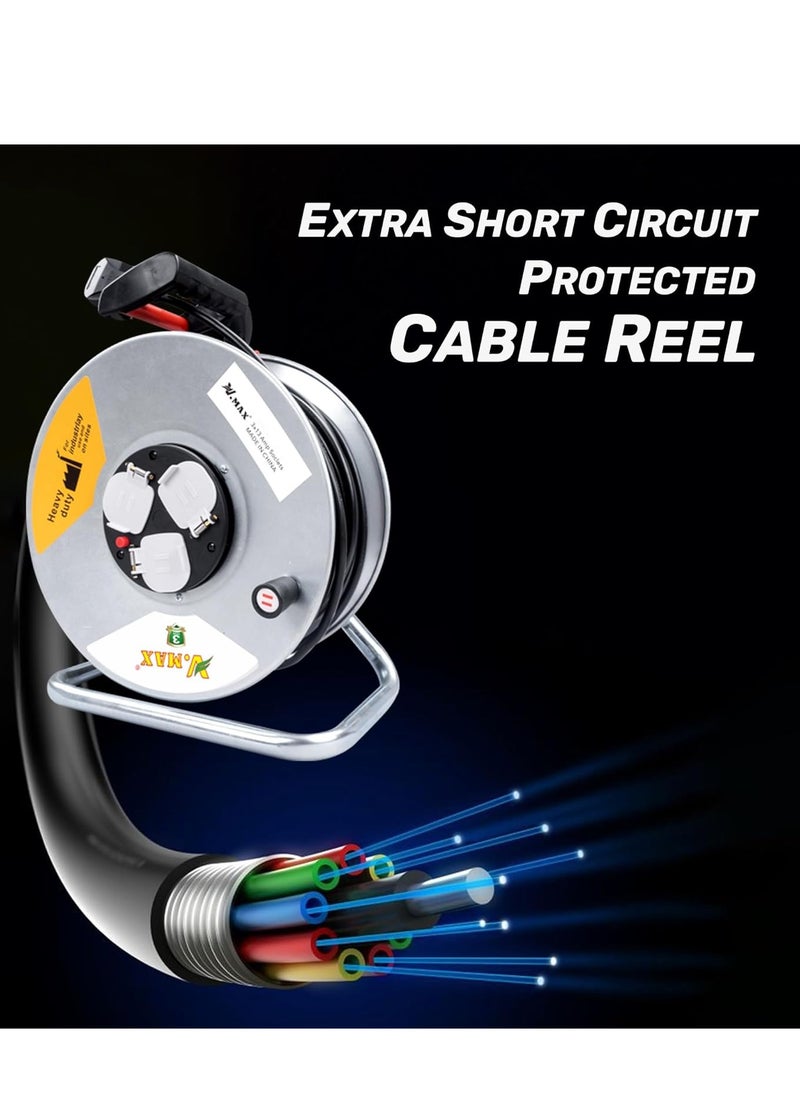 3 Socket Open Cable Reel Extension Lead with Winding Handle | Thermal Cut Out and Power Switch 25 Metres High Visibility Cable Reel sliver (2 * 1.5MM sq. 25M)