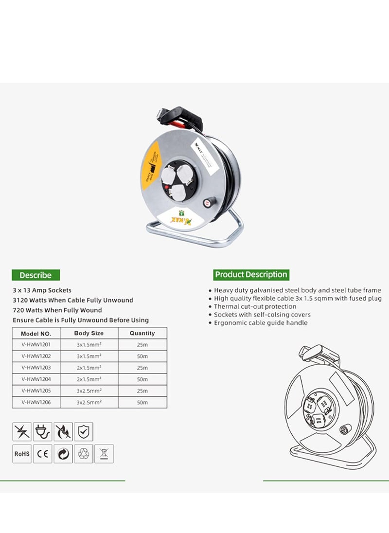 3 Socket Open Cable Reel Extension Lead with Winding Handle | Thermal Cut Out and Power Switch 25 Metres High Visibility Cable Reel sliver (2 * 1.5MM sq. 25M)