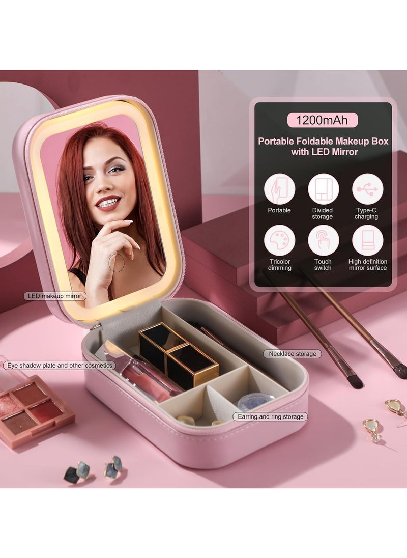 Portable Makeup Jewelry Box with LED Mirror, Small Makeup Bag with Light Mirror, Three-Color Adjustable Makeup Mirror Storage Box, Portable Storage Makeup Box for Women's Beauty Tools