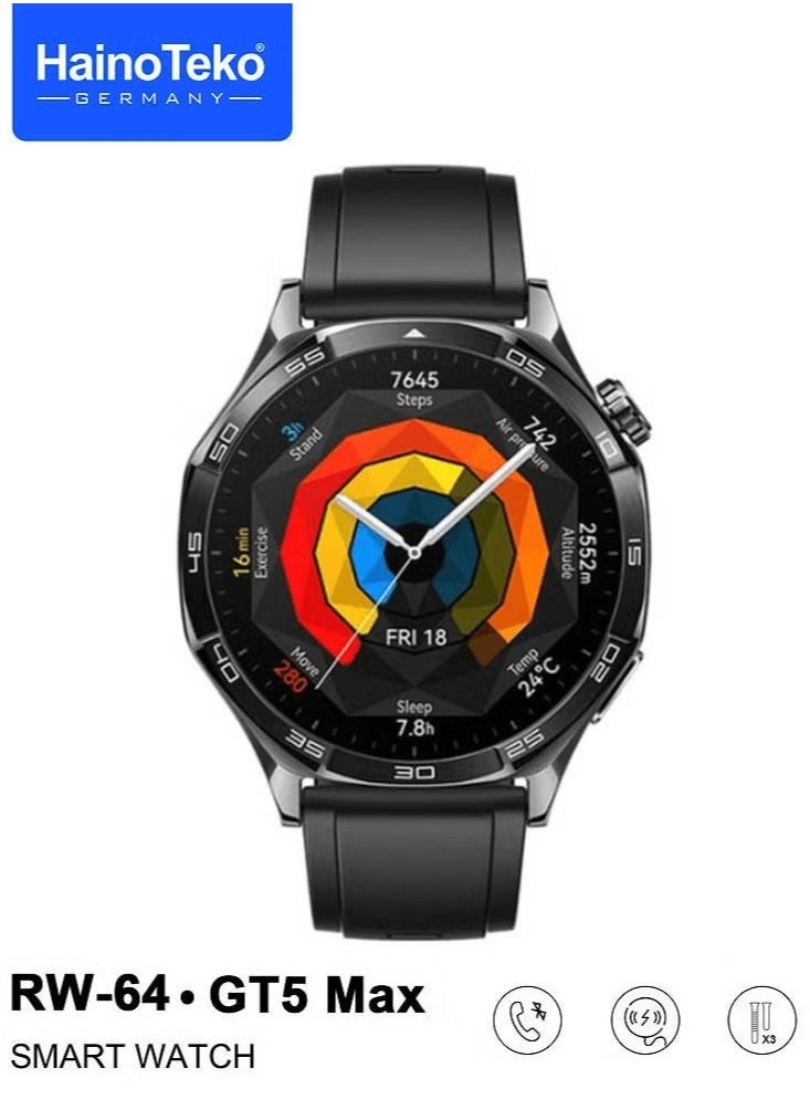 RW-64 GT5 Max Smartwatch with Large AMOLED Display, Voice Assistant, 3 Pair Straps for Men – Stylish, Multifunctional Wearable, Perfect for Fitness and Daily Use