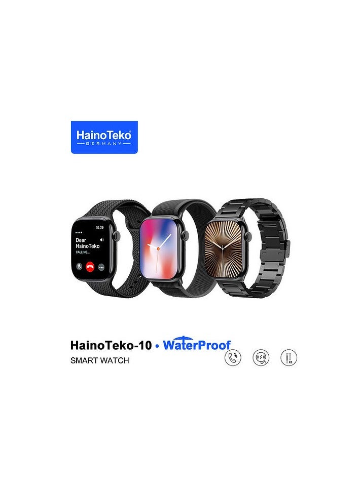 HainoTeko-10 Waterproof Smart Watch With AMOLED Display Voice Assistant Social App Integration and 3 Pair Straps Designed For Mens and Boys Black