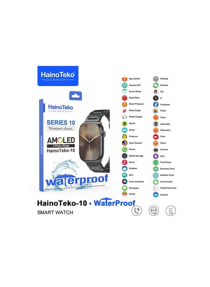 HainoTeko-10 Waterproof Smart Watch With AMOLED Display Voice Assistant Social App Integration and 3 Pair Straps Designed For Mens and Boys Black