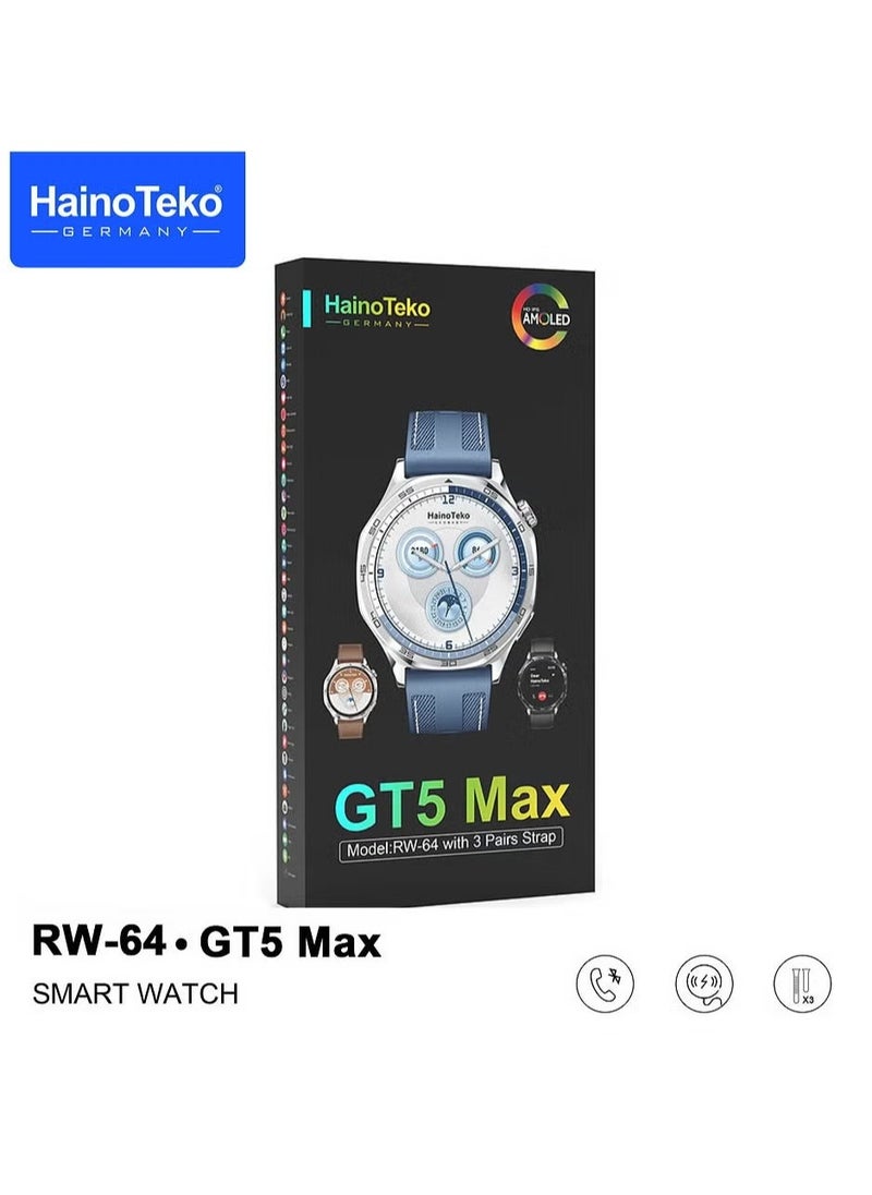 RW-64 GT5 Max Smartwatch with Large AMOLED Display, Voice Assistant, and 3 Pairs of Straps, Designed for Men, Silver