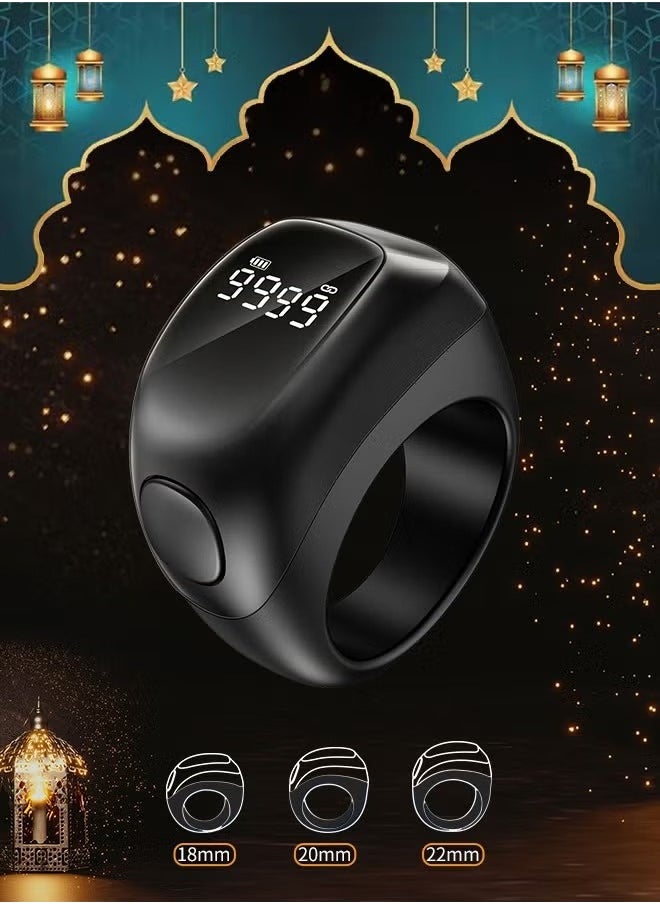 2025 New Zikr Smart Ring with OLED Display, Tasbih Counter, 5 Prayer Reminders, 3 Tasbih Alerts, BT Connectivity, Includes 3 Sizes (18mm/20mm/22mm), Black