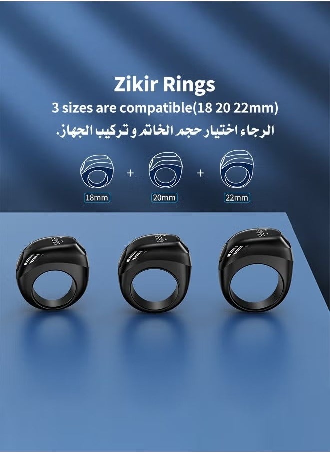 2025 New Zikr Smart Ring with OLED Display, Tasbih Counter, 5 Prayer Reminders, 3 Tasbih Alerts, BT Connectivity, Includes 3 Sizes (18mm/20mm/22mm), Black