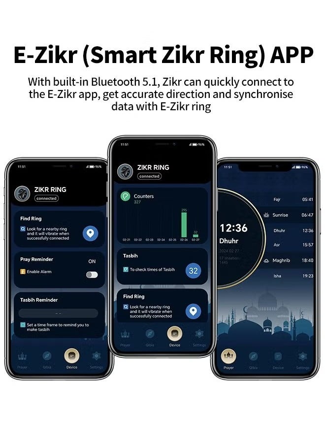 2025 New Zikr Smart Ring with OLED Display, Tasbih Counter, 5 Prayer Reminders, 3 Tasbih Alerts, BT Connectivity, Includes 3 Sizes (18mm/20mm/22mm), Black