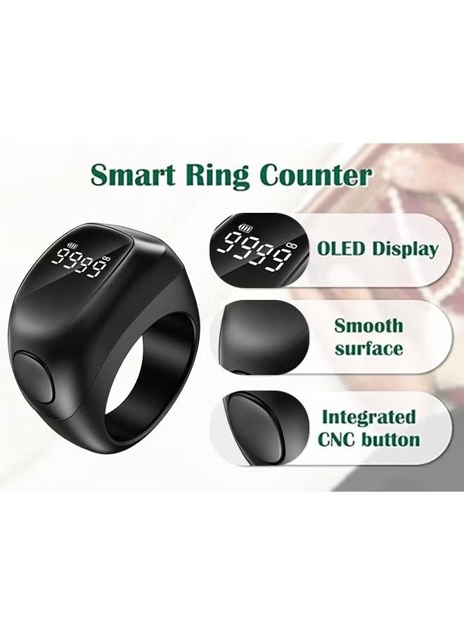 2025 New Zikr Smart Ring with OLED Display, Tasbih Counter, 5 Prayer Reminders, 3 Tasbih Alerts, BT Connectivity, Includes 3 Sizes (18mm/20mm/22mm), Black