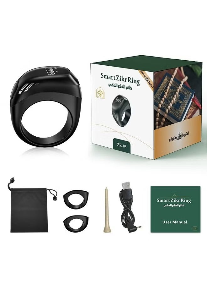 2025 New Zikr Smart Ring with OLED Display, Tasbih Counter, 5 Prayer Reminders, 3 Tasbih Alerts, BT Connectivity, Includes 3 Sizes (18mm/20mm/22mm), Black