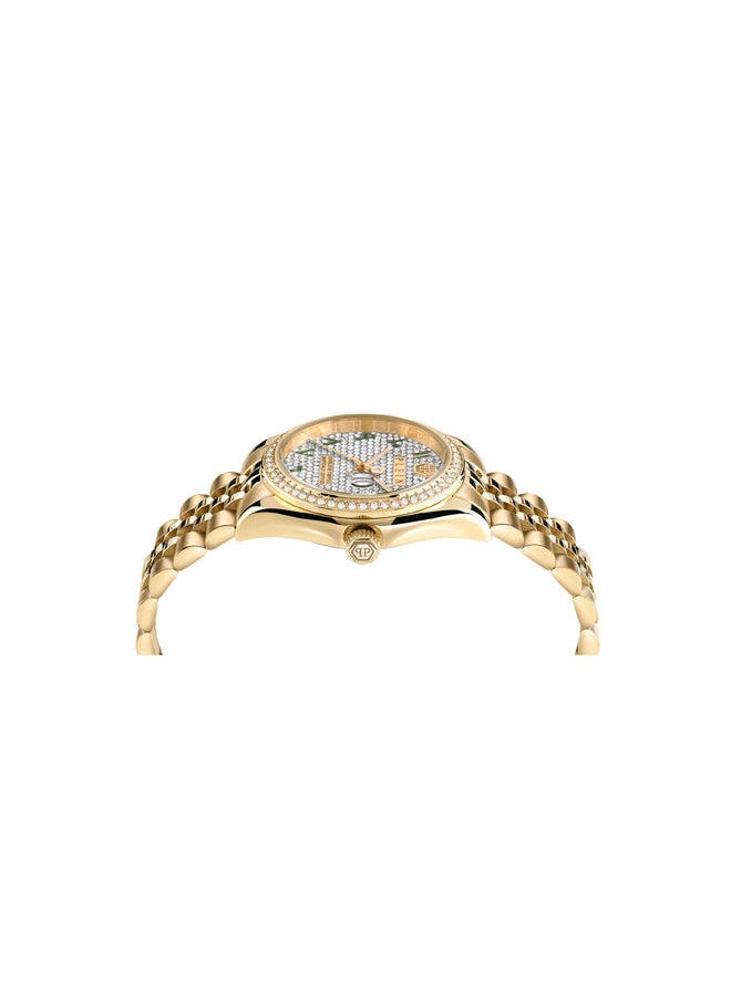 Date Superlative Women's 38mm Luxury Timepiece,  Colossal Gold Case, Crystal-Encrusted Bezel, Vibrant Emerald Arabic Numerals