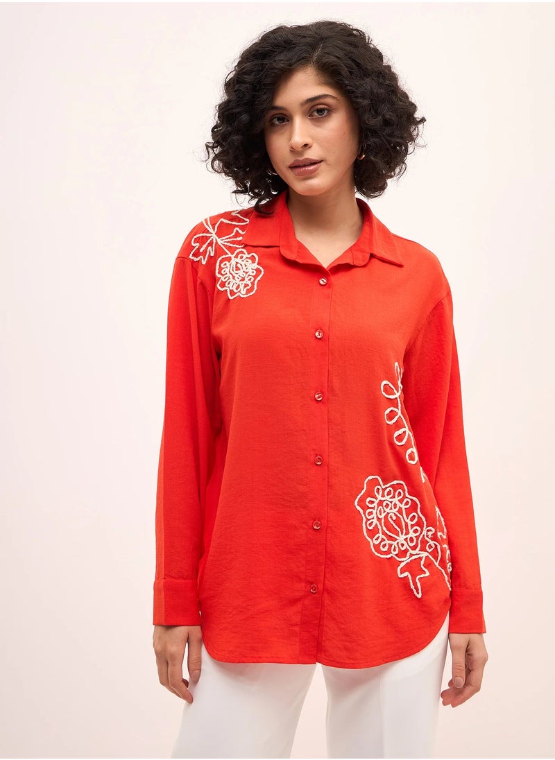 Salt Attire Women's Tangerine & White Embroidered Shirt | Button-Down Collared Top with Cuffed Full-Length Sleeves & Dropped Shoulders | Elegant Casual Shirt for Versatile Styling