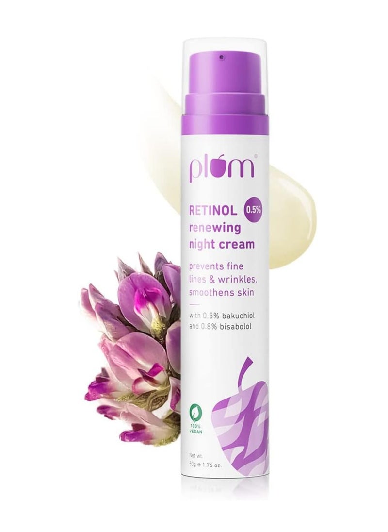 Plum 0.5% Retinol Renewing Night Cream Prevents Fine Lines & Wrinkles With Bakuchiol & Bisabolol 100% Vegan 50g