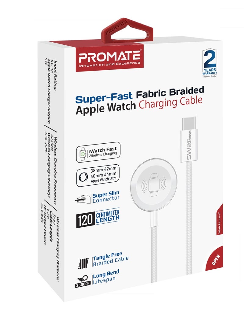 Promate USB-C to Apple Watch Super Fast Charging Cable 1.2m Durable Braided 5W Charging Power White