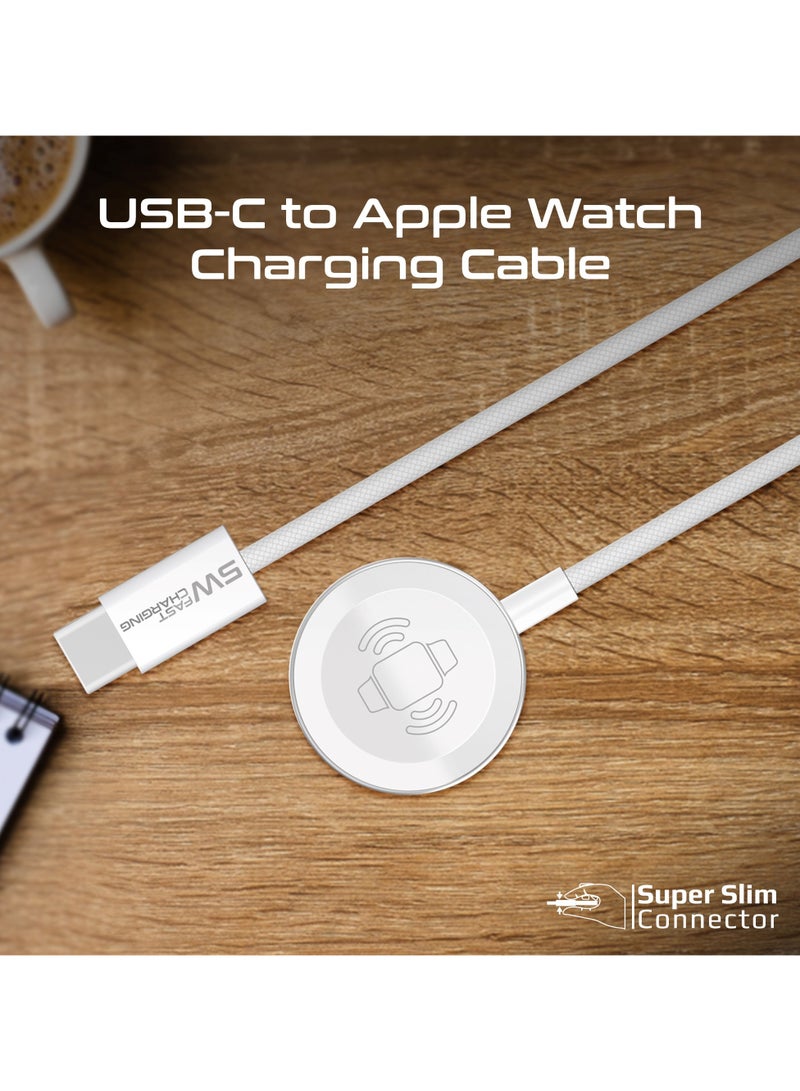 Promate USB-C to Apple Watch Super Fast Charging Cable 1.2m Durable Braided 5W Charging Power White