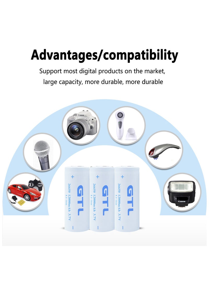 2PCS Rechargeable Battery(Flat Top),2 Pack 12000mAh 3.7V Li-ion 26650 Battery(not AA/AAA Battery) for Led Flashlight