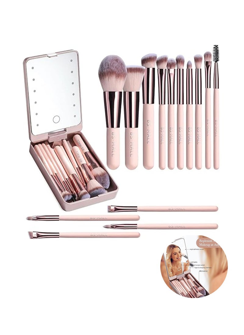 Makeup Brush, Mirror Portable Makeup Brush Set, Travel Makeup Brush Set,Everyday Essentials Multi Use Brush Set Foundation Powder Concealer Eyeshadow Makeup Set with LED Light Mirror