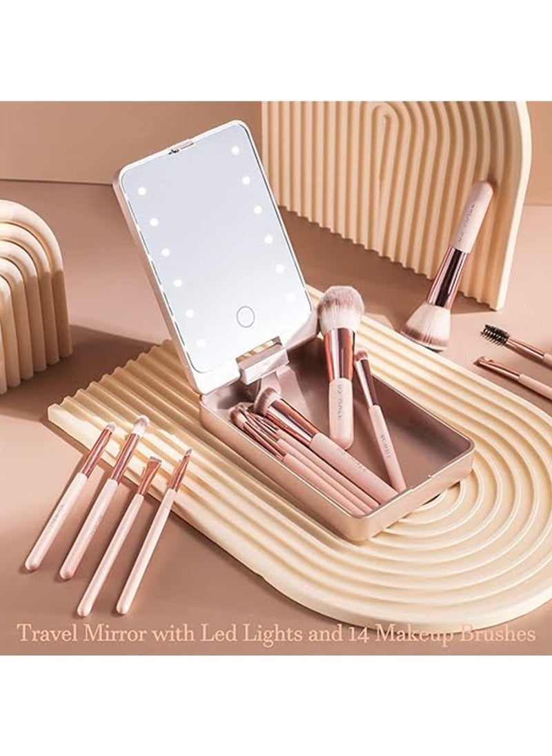 Makeup Brush, Mirror Portable Makeup Brush Set, Travel Makeup Brush Set,Everyday Essentials Multi Use Brush Set Foundation Powder Concealer Eyeshadow Makeup Set with LED Light Mirror