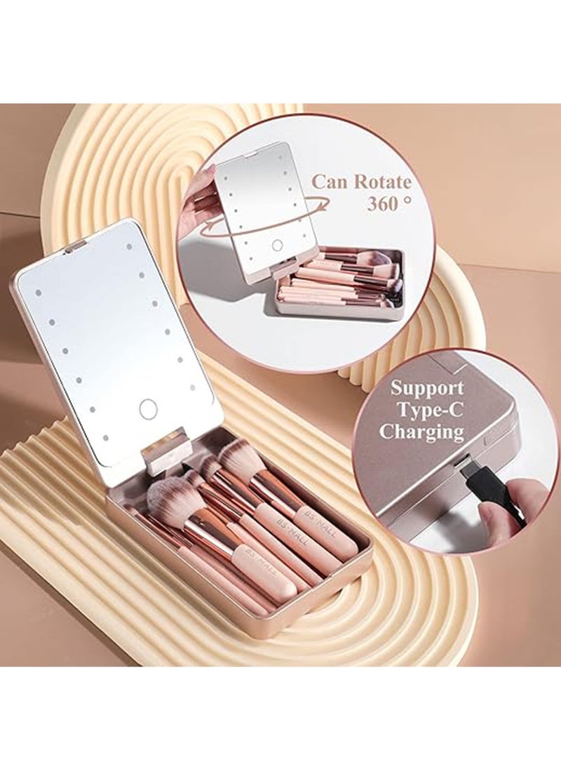 Makeup Brush, Mirror Portable Makeup Brush Set, Travel Makeup Brush Set,Everyday Essentials Multi Use Brush Set Foundation Powder Concealer Eyeshadow Makeup Set with LED Light Mirror