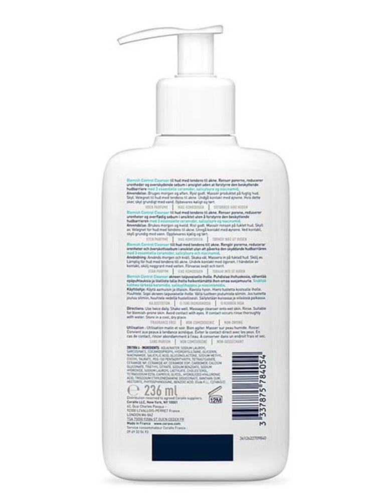 CeraVe Blemish Control Cleanser Face Wash For Acne & Blemish Prone Skin With 3 Essential Ceramides, Salicylic Acid, & Niacinamide 236ml