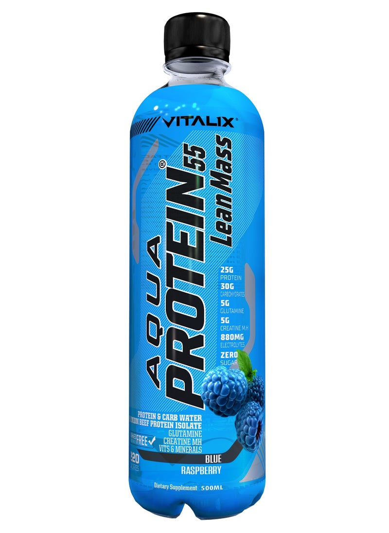 Aqua Protein 55 Lean Mass Blue Raspberry Post Workout Drink – Protein Water with 25g Protein,30g Carbohydrates,5g Glutamine,5g Creatine Monohydrate,Zero Sugar,500ml Pack of 12