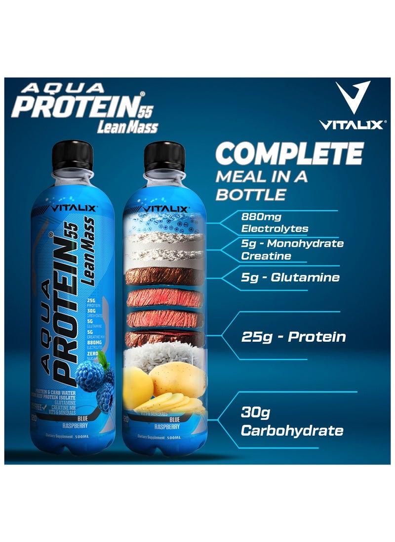 Aqua Protein 55 Lean Mass Blue Raspberry Post Workout Drink – Protein Water with 25g Protein,30g Carbohydrates,5g Glutamine,5g Creatine Monohydrate,Zero Sugar,500ml Pack of 12