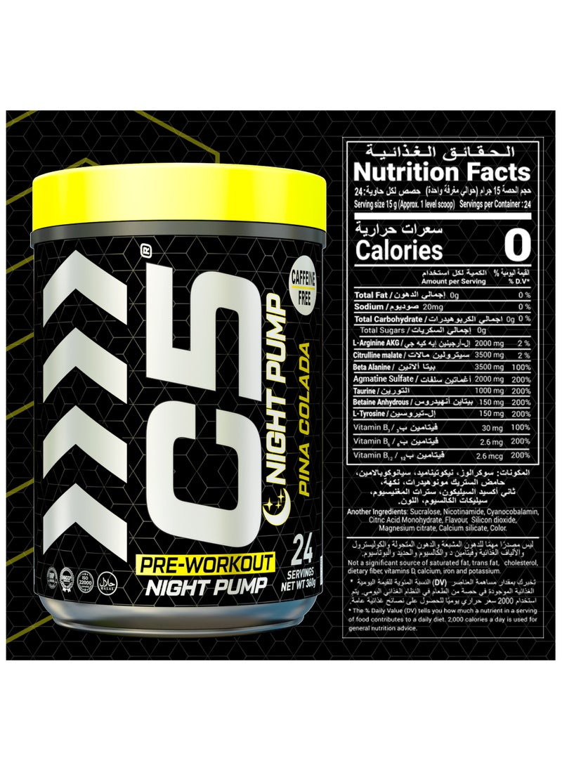 C5 Night Pre Workout Powder Pina Colada - 24 Servings, Free Caffeine - Sugar Free-Zero Calories-Beta Alanine-Citrulline Malate, High-Performance PreWorkout Booster Supplement