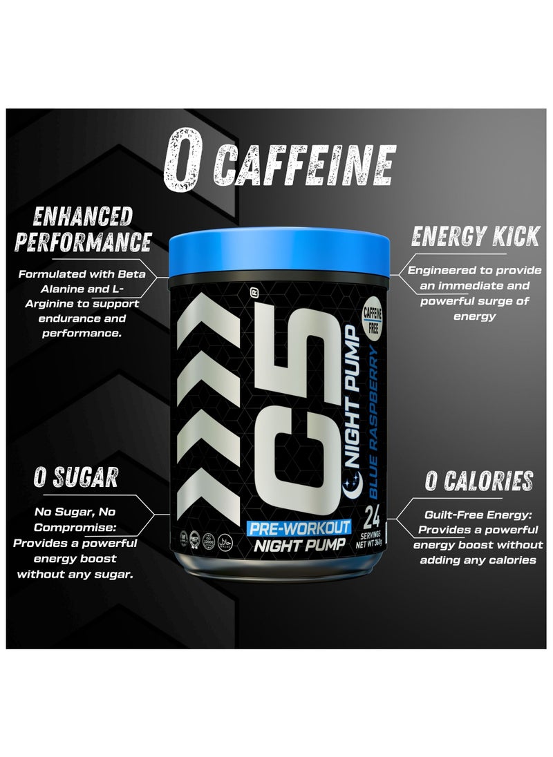 C5 Night Pre Workout Powder Blue Raspberry- 24 Servings, Free Caffeine - Sugar Free-Zero Calories-Beta Alanine-Citrulline Malate, High-Performance PreWorkout Booster Supplement