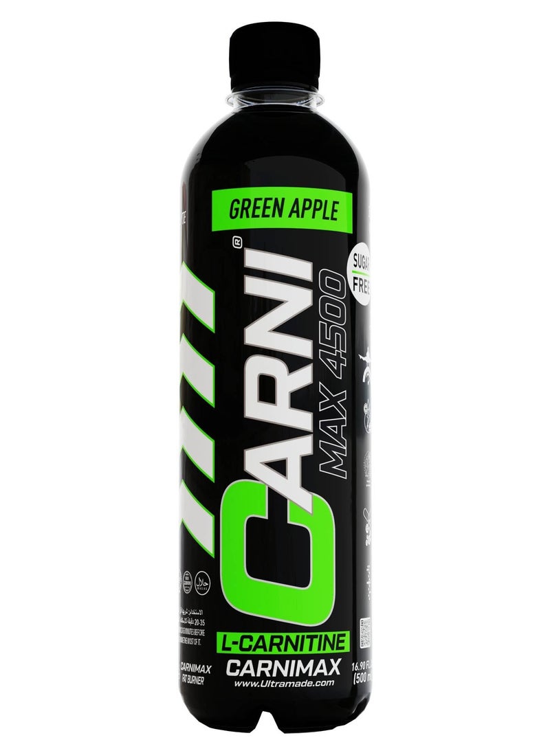 CARNIMAX 4500 L-CARNITINE  Green Apple - Maximum Fat Burn L-Carnitine with Electrolytes, CLA, Chromium, B Complex Vitamins & Alpha GPC - Zero Sugar, 500ml Pack of 12