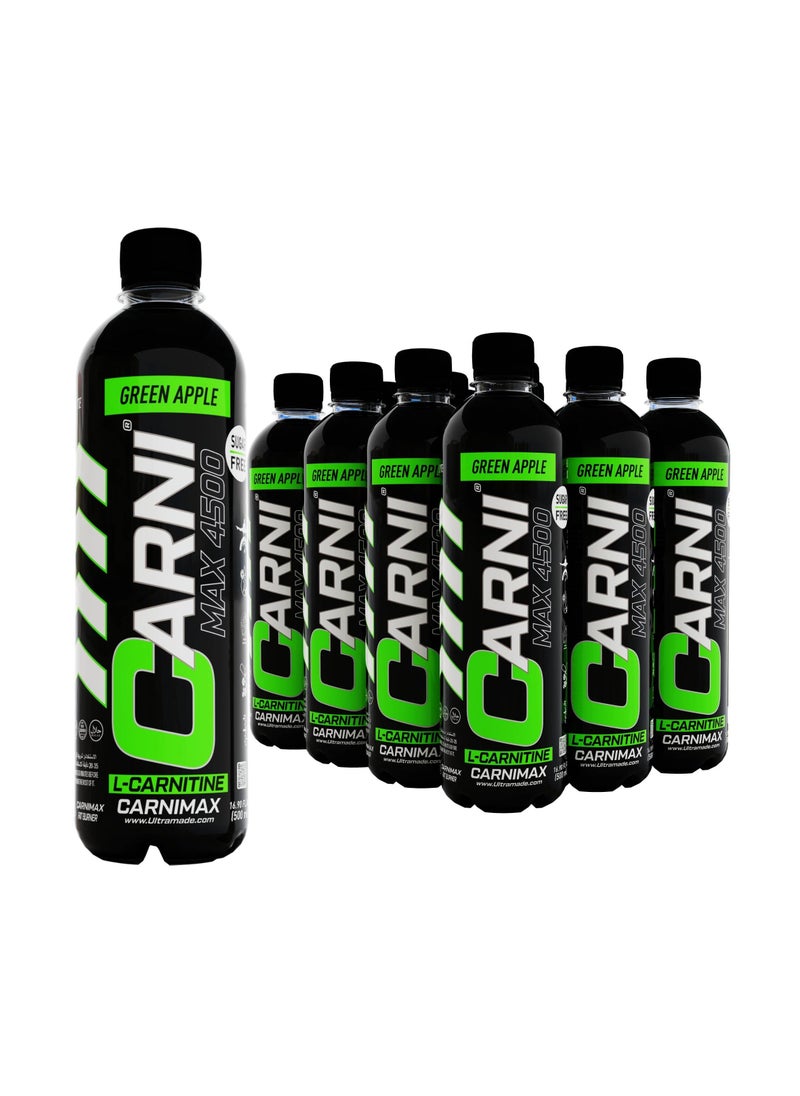 CARNIMAX 4500 L-CARNITINE  Green Apple - Maximum Fat Burn L-Carnitine with Electrolytes, CLA, Chromium, B Complex Vitamins & Alpha GPC - Zero Sugar, 500ml Pack of 12